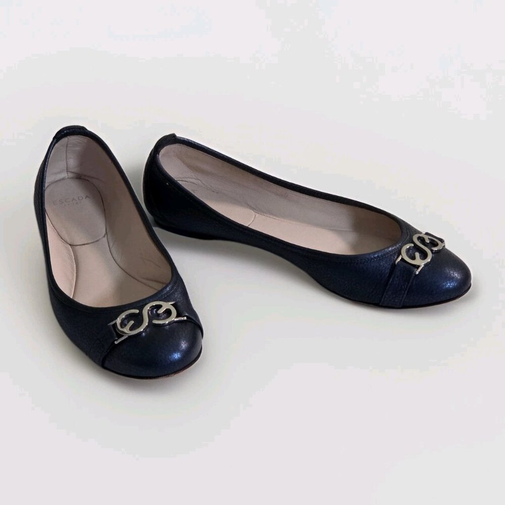 Escada Sport Ballet Flats Women EU 40 US 9 Navy Pebbled Leather Designer Elegant